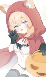 Rule 34 | 1girl, absurdres, animal ear fluff, animal ears, black gloves, black panties, black thighhighs, blonde hair, blue archive, blue eyes, breasts, bucket, cloak, cosplay, fox ears, gloves, halloween bucket, highres, holding, holding bucket, little red riding hood (grimm), little red riding hood (grimm) (cosplay), long hair, looking at viewer, mari (blue archive), meng yin, navel, open mouth, panties, red cloak, small breasts, solo, thighhighs, underwear, white background
