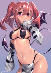 Rule 34 | 1girl, akamoku, bad id, bad pixiv id, bare shoulders, bikini, bikini top only, black bikini, blush, breasts, brown hair, cleavage, closed mouth, collarbone, commentary request, contrapposto, demon girl, demon tail, demon wings, detached sleeves, groin, hair between eyes, hand up, highres, long sleeves, looking at viewer, medium breasts, navel, original, pelvic curtain, pointy ears, purple background, purple eyes, purple wings, sidelocks, simple background, sleeves past fingers, sleeves past wrists, solo, swimsuit, tail, twintails, twitter username, white sleeves, wings