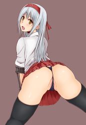 Rule 34 | 1girl, all fours, anus, ass, black panties, black thighhighs, blush, clothes, female focus, headband, highres, kantai collection, long hair, looking back, nayuta1942, panties, pussy, shoukaku (kancolle), silver hair, simple background, smile, solo, string panties, thighhighs, underwear