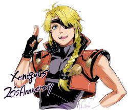 Rule 34 | 1boy, anniversary, bartholomew fatima, blonde hair, blue eyes, braid, eyepatch, fingerless gloves, gloves, hair over shoulder, hariyama (toubou tengoku), looking at viewer, male focus, open mouth, simple background, smile, solo, white background, xenogears