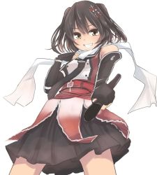 Rule 34 | 10s, 1girl, bad id, bad pixiv id, bare shoulders, black skirt, brown eyes, brown hair, elbow gloves, fingerless gloves, gloves, hair ornament, holding, kantai collection, looking at viewer, necktie, pleated skirt, scarf, sendai (kancolle), sendai kai ni (kancolle), short twintails, simple background, sketch, skirt, smile, solo, tokoi, torpedo, twintails, two side up, white background