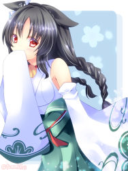 Rule 34 | 1girl, anchor hair ornament, animal ears, azur lane, bell, blue background, braid, breasts, cat ears, covering own mouth, cowboy shot, detached sleeves, green hakama, hair ornament, hakama, hakama skirt, highres, japanese clothes, jingle bell, kimono, looking at viewer, medium breasts, neck bell, ooshio (azur lane), skirt, solo, tamak rui, twin braids, twitter username, white background, wide sleeves