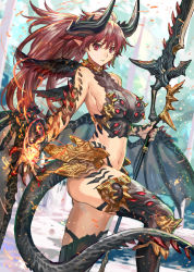 Rule 34 | 1girl, armor, black thighhighs, breasts, claws, dragon girl, dragon horns, dragon tail, dragon wings, female focus, fingernails, highres, horns, large breasts, long fingernails, long hair, midriff, naginata, navel, original, pointy ears, polearm, ran&#039;ou (tamago no kimi), red eyes, red hair, scales, sharp fingernails, solo, tail, thighhighs, very long hair, weapon, wings