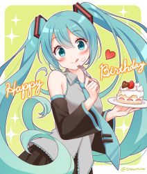 Rule 34 | 1girl, :9, :q, aqua eyes, aqua hair, blush, cake, detached sleeves, food, food on face, green background, hair between eyes, happy, hatsune miku, long hair, necktie, snowmi, solo, tongue, tongue out, twintails, very long hair, vocaloid