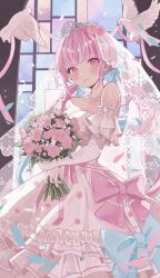 Rule 34 | 1girl, alternate costume, bare shoulders, bird, bouquet, bridal veil, bride, dove, dress, flower, gloves, highres, holding, holding bouquet, hololive, jewelry, looking at viewer, minato aqua, necklace, pearl necklace, pink eyes, pink hair, solo, strapless, strapless dress, tiara, veil, virtual youtuber, wedding dress, white dress, white gloves, yuzuriha (nx e78)