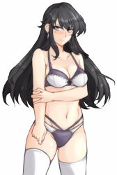 Rule 34 | 1girl, absurdres, alternate costume, angry, ayra (fire emblem), bare shoulders, black hair, blush, bra, breasts, cleavage, cowboy shot, earrings, fire emblem, fire emblem: genealogy of the holy war, highres, holding own arm, jewelry, long hair, looking at viewer, medium breasts, navel, nintendo, panties, purple eyes, simple background, solo, thighhighs, thighs, tridisart, underwear