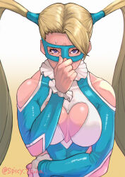 Rule 34 | 1girl, bare shoulders, blonde hair, blue eyes, breasts, cleavage cutout, clothing cutout, covering nose, large breasts, long hair, mask, rainbow mika, spicy tsuna, street fighter, sweat, tsuna (akmu8832), twintails, wrestling outfit