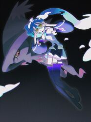 Rule 34 | 1girl, bare shoulders, black skirt, black sleeves, black thighhighs, blue hair, creatures (company), detached arm, detached legs, film grain, full body, game freak, gen 4 pokemon, ghost miku (project voltage), glitch, glowing neckwear, grey shirt, hands up, hatsune miku, highres, long hair, looking at viewer, mismagius, moonagvaze, nintendo, open mouth, pokemon, project voltage, shirt, skirt, sleeveless, sleeveless shirt, thighhighs, twintails, vocaloid, yellow eyes