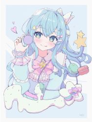 Rule 34 | 1girl, :p, babinch, blue eyes, blue hair, blue nails, blue shirt, blush, bow, closed mouth, commentary, dated, food, fortissimo, frills, green nails, hair between eyes, hair ornament, hairclip, heart, heart stickers, highres, holding, holding food, hololive, hoshimachi suisei, icing, long hair, long sleeves, looking at viewer, macaron, multicolored nails, musical note, musical note hair ornament, nail polish, pink bow, pink nails, shirt, signature, smile, solo, sprinkles, star-shaped pupils, star (symbol), star hair ornament, star sticker, sticker on face, super idol comet-chan, symbol-shaped pupils, tongue, tongue out, upper body, virtual youtuber