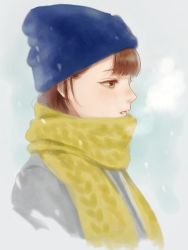 Rule 34 | 1girl, bad id, bad twitter id, beanie, blue hat, blush, breath, brown eyes, brown hair, commentary request, grey background, hat, original, parted lips, romiy, scarf, short hair, snowing, solo, upper body, yellow scarf
