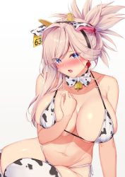 Rule 34 | 1girl, absurdres, animal ears, animal print, bare shoulders, bikini, blue eyes, blush, breasts, cleavage, collarbone, cow ears, cow horns, cow print, fake animal ears, fate/grand order, fate (series), hairband, highres, horns, large breasts, long hair, looking at viewer, miyamoto musashi (fate), namaponpon 00, navel, open mouth, pink hair, ponytail, skindentation, solo, swept bangs, swimsuit, thighhighs, thighs, white bikini