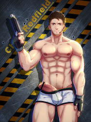 Rule 34 | 1boy, abs, bar censor, bara, biceps, boxer briefs, brown hair, bulge, censored, character name, chris redfield, cowboy shot, erection, erection under clothes, facial hair, fingerless gloves, gloves, gun, hand up, holding, holding gun, holding weapon, looking at viewer, male focus, male pubic hair, male underwear, microphone, muscular, muscular male, navel, navel hair, nipples, pectorals, penis, pubic hair, resident evil, resident evil 5, short hair, solo, stubble, thick thighs, thighs, underwear, veins, veiny penis, weapon, white male underwear, yzpyn