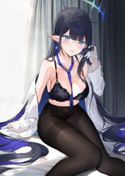 Rule 34 | 1girl, absurdres, bare shoulders, black pantyhose, blue archive, blue eyes, blue hair, blush, breasts, cleavage, collarbone, colored inner hair, glasses, halo, highres, large breasts, long hair, looking at viewer, multicolored hair, navel, pantyhose, pointy ears, rin (blue archive), solo, thighs, yukineko1018