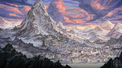 Rule 34 | absurdres, city, cliff, cloud, cloudy sky, colorful, commentary, critical role, dungeons & dragons, dungeons &amp; dragons, english commentary, fantasy, highres, idrawbagman, landscape, logo, mountain, mountainous horizon, nature, no humans, outdoors, scenery, sky, snow, spire, sunrise, wall, winter