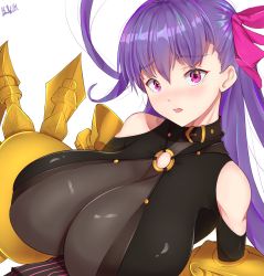 Rule 34 | 10s, 1girl, bare shoulders, belt collar, blackwatchar, bodysuit, bow, breasts, claws, cleavage, collar, fate/extra, fate/extra ccc, fate/grand order, fate (series), gigantic breasts, hair bow, hair ribbon, highres, long hair, parted lips, passionlip (fate), pink eyes, purple hair, ribbon, simple background, solo, very long hair, white background