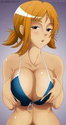 Rule 34 | 1girl, bikini, bikini top only, blush, breast hold, breasts, brown eyes, cleavage, coldtrojan, collarbone, colorized, dark skin, dark-skinned female, female focus, hand on own hip, highres, large breasts, looking at viewer, nami (one piece), one piece, orange hair, parted lips, short hair, simple background, smile, solo, swimsuit, upper body
