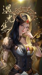 Rule 34 | 1girl, bai guangying (ye luoli), bai guangying chaohuaguang bo, belt, blue eyes, choker, dress, hair ornament, hand on own face, highres, jewelry, light, long hair, looking at viewer, multicolored hair, solo, two-tone hair, upper body, ye luoli