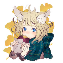 Rule 34 | 1girl, :t, ahoge, animal ear fluff, animal ears, blonde hair, blue eyes, blush, closed mouth, eating, food, food on face, freckles, fringe trim, green scarf, holding, holding food, looking at viewer, ni02 (asahi nini), original, plaid, plaid scarf, roasted sweet potato, scarf, simple background, smile, solo, sweet potato, upper body, white background