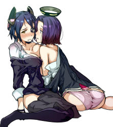 Rule 34 | 10s, 2girls, ass, blue hair, blush, breast slip, clothes pull, eyepatch, full-face blush, hair intakes, halo, headphones, highres, kantai collection, mechanical halo, multiple girls, off shoulder, one breast out, panties, pink panties, purple hair, short hair, simple background, skirt, skirt pull, tatsuta (kancolle), tenryuu (kancolle), thighhighs, tokiwa mmm, underwear, white background, yellow eyes, yuri