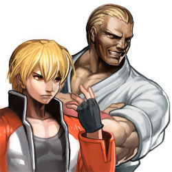 Rule 34 | 2boys, blonde hair, blue eyes, crossed arms, fatal fury, father and son, fingerless gloves, geese howard, gloves, grin, male focus, garou: mark of the wolves, multiple boys, muscular, oetaro, pectoral cleavage, pectorals, rock howard, short hair, smile, snk, tan, time paradox