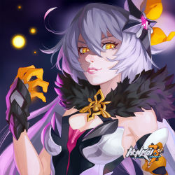 Rule 34 | + +, 1girl, antenna hair, asymmetrical gloves, breasts, cleavage, closed mouth, evil grin, evil smile, gloves, grin, hair between eyes, hair ornament, highres, honkai (series), honkai impact 3rd, kiana kaslana, kiana kaslana (herrscher of the void), lips, long hair, looking at viewer, portrait, shaded face, smile, solo, teeth, uneven gloves, white hair, yellow eyes, yellow gloves, yui shi