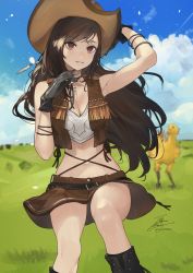 Rule 34 | 1girl, arm up, armpits, bare shoulders, belt, black gloves, black hair, blurry, boots, breasts, brown skirt, brown vest, chocobo, cleavage, cowboy hat, cowgirl (western), crop top, day, depth of field, fadingz, final fantasy, final fantasy vii, fringe trim, gloves, hat, highres, long hair, looking at viewer, medium breasts, midriff, miniskirt, navel, nibelheim, open clothes, outdoors, parted lips, red eyes, shirt, skirt, sleeveless, sleeveless shirt, smile, solo, square enix, stomach, thighs, tifa lockhart, tifa lockhart (cowgirl), vest, white shirt