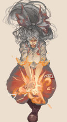 Rule 34 | 1girl, boots, bow, breasts, burnt clothes, chanta (ayatakaoisii), collared shirt, fighting stance, fire, fujiwara no mokou, full body, grey hair, hair bow, hair strand, highres, large bow, long sleeves, looking at viewer, open mouth, pants, powering up, red eyes, red pants, serious, shirt, simple background, solo, suspenders, teeth, tongue, touhou, white shirt