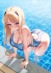 Rule 34 | 1girl, ass, baldr sky, blonde hair, blue eyes, blue one-piece swimsuit, breasts, cleavage, commentary request, commission, competition swimsuit, highres, kirishima rain, large breasts, leaning forward, long hair, one-piece swimsuit, pixiv commission, poolside, shirosaba, smile, solo, swimsuit, wading, water