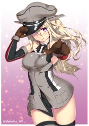 Rule 34 | 10s, 1girl, bare shoulders, bismarck (kancolle), black panties, blonde hair, brown gloves, dandou, detached sleeves, dress, gloves, hair between eyes, hat, highres, kantai collection, long hair, military, military hat, military uniform, panties, parted lips, peaked cap, pointing, pointing at viewer, purple eyes, solo, taut clothes, thigh gap, thighhighs, underwear, uniform