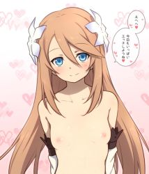 Rule 34 | 1girl, blue eyes, breasts, brown hair, closed mouth, collarbone, detached sleeves, flat chest, flower, hair flower, hair ornament, kiikii (kitsukedokoro), long hair, looking at viewer, marta lualdi, nipples, nude, small breasts, solo, speech bubble, tales of (series), tales of symphonia, tales of symphonia: dawn of the new world, translated, upper body