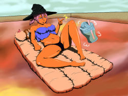 Rule 34 | 1girl, artist request, black panties, blue eyes, blush, breasts, cleavage, cloud, cup, eyelashes, hat, inflatable raft, lying, navel, nipples, objectification, original, panties, pink hair, shadow, shiny skin, sky, smile, transformation, underwear, witch, witch hat