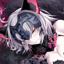 Rule 34 | 1girl, ahoge, animal ears, black nails, blush, breasts, cat ears, chain, clenched teeth, close-up, cosplay, fate/grand order, fate (series), fingernails, fur collar, gloves, grey hair, jeanne d&#039;arc (fate), jeanne d&#039;arc alter (avenger) (fate), jeanne d&#039;arc alter (fate), kousaki rui, large breasts, looking at viewer, lying, mash kyrielight, mash kyrielight (dangerous beast), mash kyrielight (dangerous beast) (cosplay), nail polish, official alternate costume, on side, sharp fingernails, shielder (fate/grand order), shielder (fate/grand order) (cosplay), short hair, solo, teeth, yellow eyes