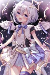 Rule 34 | 1girl, amane kanata, angel wings, blush, bob cut, breast cutout, commentary, gloves, halo, highres, hololive, idol clothes, looking at viewer, open mouth, purple eyes, silver hair, single hair intake, solo, sorashima (117), star halo, virtual youtuber, white gloves, wings