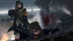 Rule 34 | 2girls, arm behind back, arm held back, armband, artist request, assault rifle, black gloves, black hair, black jacket, black skirt, blonde hair, blood, blood on face, blood on wall, brown eyes, brown hair, clenched teeth, closed mouth, fingerless gloves, fire, game cg, girl on top, girls&#039; frontline, gloves, gun, h&amp;k ump, indoors, jacket, knee pads, long hair, long sleeves, lying, m16, m16a1, m16a1 (girls&#039; frontline), multicolored hair, multiple girls, no eyepatch, official art, on stomach, one side up, pointing gun, pose request, reaching, rifle, shirt, skirt, spoilers, streaked hair, striped clothes, striped jacket, submachine gun, teeth, ump45 (girls&#039; frontline), vertical-striped clothes, vertical-striped jacket, weapon, yellow armband, yellow shirt