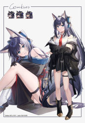Rule 34 | 1girl, absurdly long hair, animal ear fluff, animal ears, bare legs, bare shoulders, black footwear, black gloves, black jacket, black kimono, black skirt, blue eyes, blue hair, boots, breasts, collared shirt, commentary request, coyucom, feet out of frame, from side, full body, gloves, hair ribbon, highres, jacket, japanese clothes, kimono, long hair, long sleeves, looking at viewer, looking to the side, medium breasts, multiple views, necktie, obi, off shoulder, open clothes, open jacket, original, parted lips, red necktie, ribbon, rope, sandals, sash, shimenawa, shirt, simple background, sitting, skirt, sleeveless, sleeveless shirt, socks, standing, tail, thigh strap, very long hair, white background, white legwear, white shirt