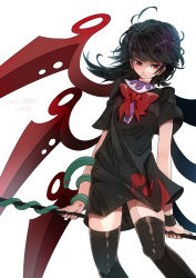 Rule 34 | 1girl, animal, antenna hair, artist name, asymmetrical wings, black dress, black hair, black thighhighs, blue wings, blush, bow, bowtie, closed mouth, cowboy shot, dress, fingernails, highres, holding, holding weapon, houjuu nue, ichirugi, legs apart, long hair, pixiv id, red bow, red bowtie, red eyes, red wings, short dress, simple background, snake, solo, standing, thighhighs, touhou, weapon, white background, wings, zettai ryouiki