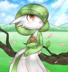 Rule 34 | 1girl, blue sky, blurry, blurry background, blush, bob cut, branch, cloud, colored skin, creatures (company), dappled sunlight, day, female focus, flat chest, game freak, gardevoir, gen 3 pokemon, green hair, green skin, hair over one eye, happy, in tree, light rays, looking up, lotosu, mountainous horizon, multicolored skin, nintendo, open mouth, outdoors, own hands together, petals, pokemon, pokemon (creature), red eyes, short hair, sitting, sky, smile, solo, sunlight, tree, two-tone skin, white skin