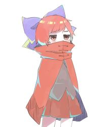 Rule 34 | 1girl, bad id, bad twitter id, blue bow, blush, bow, cape, covered mouth, cowboy shot, grey vest, hair bow, pleated skirt, red cape, red eyes, red hair, red skirt, sasa kichi, sekibanki, short hair, simple background, skirt, solo, standing, touhou, vest, white background