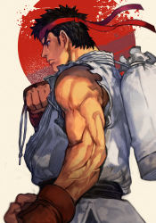 Rule 34 | 1boy, biceps, black hair, black sash, capcom, closed mouth, headband, holding, holding sack, hungry clicker, male focus, muscular, muscular male, ryu (street fighter), sack, sash, short hair, solo, street fighter, very short hair