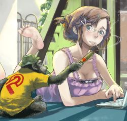 Rule 34 | 1girl, barefoot, blue eyes, breasts, brown hair, cigarette, cleavage, computer, dynamite, explosive, face, feet, glasses, hair ornament, hairpin, hat, keyboard (computer), laptop, large breasts, lying, monkey, on stomach, original, short hair, smoking, soles, solo, surprised, ymr