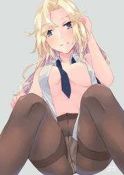 Rule 34 | 1girl, alakoala, areola slip, between breasts, black pantyhose, blonde hair, blue eyes, blush, breasts, breasts out, grey background, highres, hornet (kancolle), kantai collection, large breasts, long hair, looking at viewer, necktie, necktie between breasts, open clothes, open shirt, pantyhose, simple background, sitting, smile, solo
