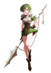 Rule 34 | 1girl, :d, armor, bare legs, belt, black belt, black footwear, boots, breastplate, commentary request, dress, earrings, fee (fire emblem), fire emblem, fire emblem: genealogy of the holy war, full body, green dress, green eyes, green hair, hanabana cho, headband, highres, hoop earrings, jewelry, looking at viewer, nintendo, open mouth, pauldrons, polearm, short dress, short hair, short sleeves, shoulder armor, simple background, smile, solo, spear, thighs, weapon, white background