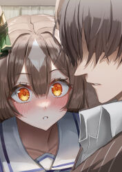 Rule 34 | 1boy, 1girl, absurdres, animal ears, blush, brown hair, commentary request, covered eyes, double-parted bangs, ear ornament, grey hair, hair between eyes, hair over eyes, highres, horse ears, long bangs, looking at another, multicolored hair, ooeyama, orange eyes, parted lips, satono diamond (umamusume), staring, two-tone hair, umamusume, wide-eyed