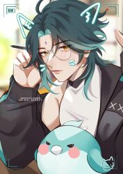 Rule 34 | 1other, alternate costume, archieloras, black jacket, bodysuit, closed mouth, doll, genshin impact, glasses, green hair, highres, jacket, long sleeves, male focus, multicolored hair, solo, stuffed animal, stuffed toy, white bodysuit, xiao (genshin impact), yellow eyes