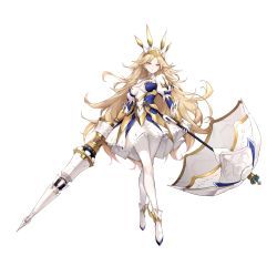 Rule 34 | absurdres, arms at sides, artist request, blonde hair, closed mouth, crossed legs, crown, dress, highres, holding, holding umbrella, holding weapon, illusion connect, crossed legs, long hair, official art, pantyhose, selena (illusion connect), shoes, simple background, standing, third-party source, transparent background, umbrella, watson cross, weapon, yellow eyes