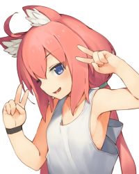 Rule 34 | 1girl, ahoge, animal ear fluff, animal ears, armpits, bare arms, bare shoulders, blue eyes, blush, cat ears, collarbone, commentary request, double v, hair between eyes, head tilt, highres, hinata channel, long hair, looking at viewer, low twintails, nekomiya hinata, parted lips, pink hair, seramikku, shirt, sidelocks, simple background, smile, solo, tank top, twintails, upper body, v, very long hair, virtual youtuber, white background, white shirt