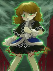 Rule 34 | 1girl, absurdres, arm warmers, aura, biting, biting clothes, black skirt, blonde hair, blush stickers, brown shirt, clenched teeth, cloud, commentary request, feet out of frame, green eyes, green sky, highres, looking at viewer, medium hair, mizuhashi parsee, official style, parody, pointy ears, railing, sakumo (okura oishiiii), sash, scarf, shirt, short sleeves, skirt, solo, standing, style parody, tearing up, teeth, touhou, white sash, white scarf, zun (style)