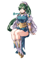 Rule 34 | 1girl, boots, cape, closed mouth, conope, dress, earrings, fire emblem, fire emblem: the blazing blade, fire emblem heroes, full body, green eyes, green hair, jewelry, knee boots, long hair, lyn (fire emblem), nintendo, ponytail, short sleeves, simple background, smile, solo, twitter username, white background
