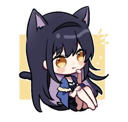 Rule 34 | 1girl, animal ears, barefoot, black dress, black hair, black hairband, blue capelet, blush stickers, capelet, cat ears, cat girl, cat tail, chibi, commentary request, dress, hair between eyes, hairband, knees up, kushima kamome, licking lips, long hair, one-hour drawing challenge, paw pose, short dress, simple background, sitting, solo, straight hair, summer pockets, tail, tongue, tongue out, very long hair, white background, yellow eyes, yutori z71