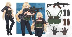 Rule 34 | 1girl, aiming, ak-103, assault rifle, black footwear, black gloves, black pants, blonde hair, blue eyes, boots, breasts, brown gloves, character sheet, cleavage, closed mouth, commentary, commission, cropped legs, english commentary, full body, gloves, gun, hair over one eye, highres, holding, holding gun, holding weapon, kalashnikov rifle, load bearing vest, long hair, magazine (weapon), multiple views, original, pants, persocon93, rifle, two-tone gloves, weapon, zoom layer